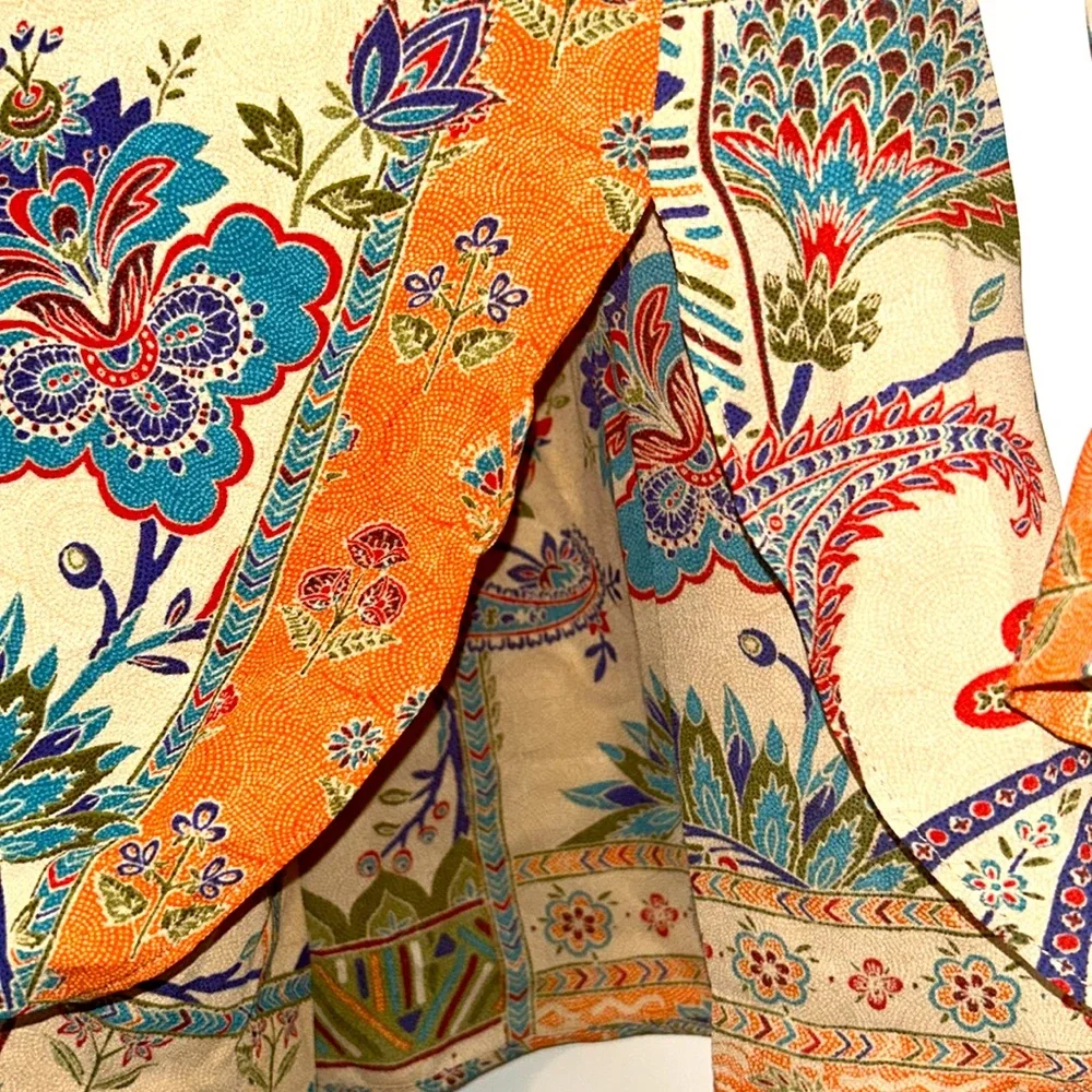 Rose & Olive Paisley Button-Up Shirt M Orange Boho Tie Knot Colorful Floral